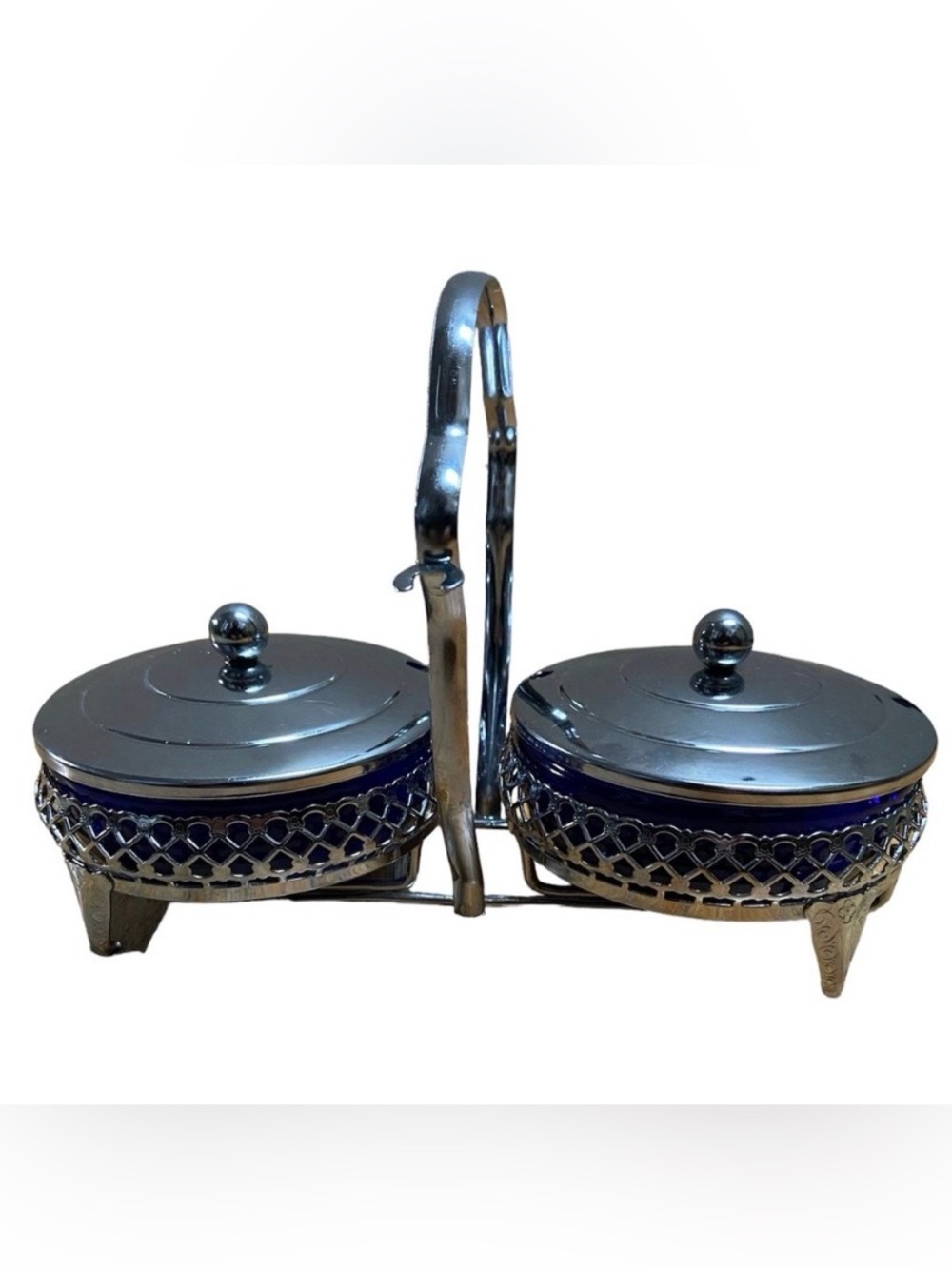 Vintage double sugar bowls cobalt blue glass condiment containers chrome tray
